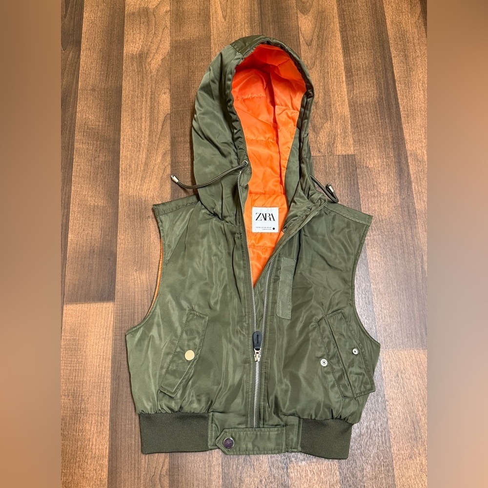 Zara Olive Hooded Vest with Bright Orange Interior